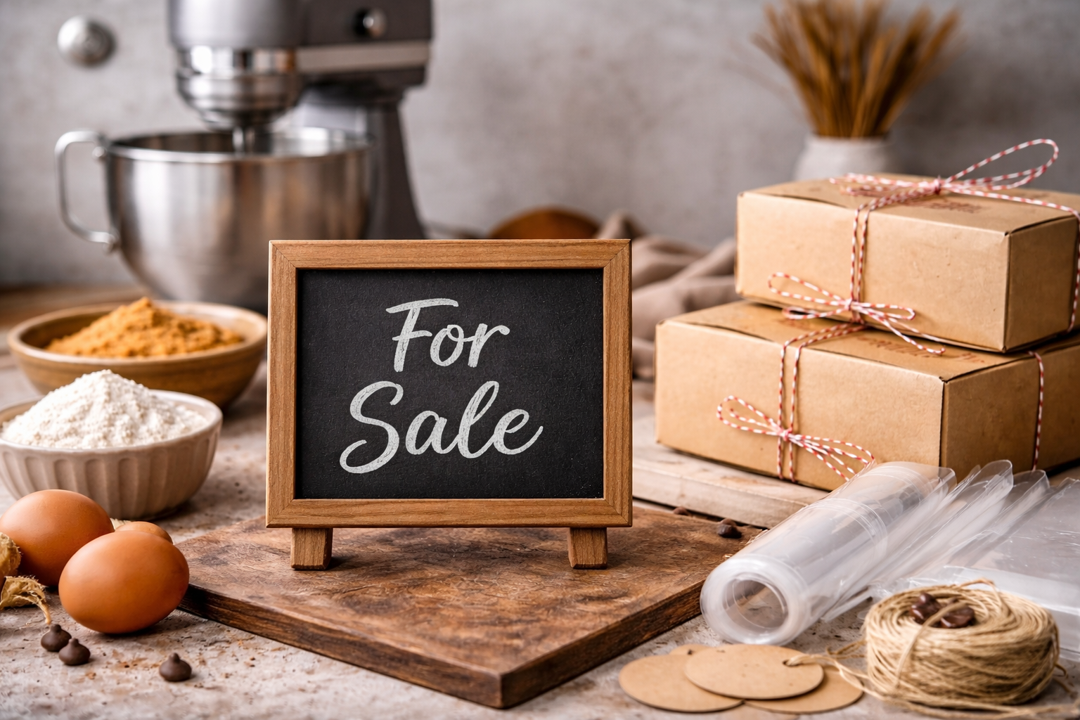 Small “For Sale” sign on a kitchen counter surrounded by baking ingredients, packaging supplies, and a stand mixer, representing a home cottage bakery setup.