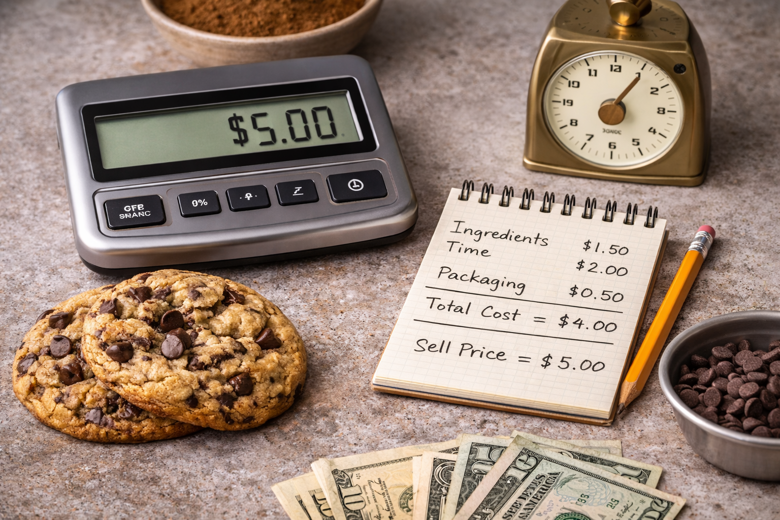Chocolate chip cookies next to a digital scale, handwritten pricing notes, and cash, showing how to price baked goods for a home bakery.